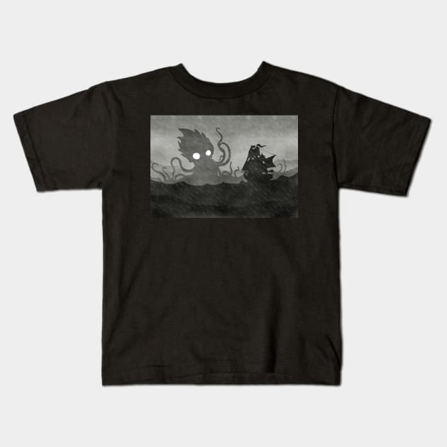 Rainy Ship & Kraken Kids T-Shirt by djrbennett